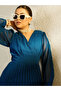 Blue Balloon Sleeve Pleated Midi Dress - 4