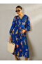 Blue Floral Print Pleated A-Line Midi Dress - 2