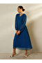 Blue Balloon Sleeve Pleated Midi Dress - 3