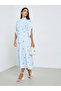Blue Floral Print Buttoned A-Line Midi Dress - 3