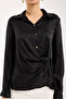 Half Placket Gathered Front Satin Jacquard Shirt - 7