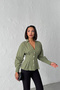 Women's Khaki Waist-Slit Shirt with Pleated Detail and Stylish Buttons, V-Neck - 7