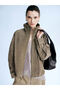 Beige Stand Collar Oversize Women's Suede Look Jacket