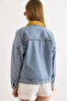 Women's Light Blue Velvet Collar Detailed 3-Pocket Denim Jacket Ckt-19000511 - 6