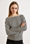 Women's Black Striped Viscose Soft Textured Knitwear Blouse Blz-19003237 - 4