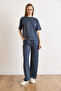 Women's Smoked Modal Buttoned Top and Short Sleeve Flowy Set Tkm-19000476 - 3