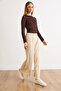 Women's Ecru Knitwear Trousers with Front Stitching Detail and Pleated Back Pnt-19000392 - 4