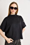 Women's Black Button Detailed Loose Fit Modal Button T-Shirt Tsh-19000940 - 3
