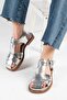 Genuine Leather Women's Silver Color Cross-Strap Sandals