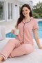 Women's Piping Detail Short Sleeve Muslin Fabric Pajama Set 9002 Salmon - 2