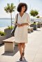 Beige High Collar Buttoned 3/4 Sleeve Kangaroo Pocket Casual Muslin Loose Woven Dress 102 67 - 3