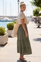 Khaki Skirt with Ruffles and Embroidery, Elastic Waist, Casual Muslin Long Woven Skirt 92 65 - 4