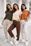 Women's 3-Pack Cream-Orange-Khaki Cotton Double Sleeve Detailed Comfortable Fit T-Shirt - 3