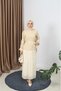 Leopard Printed Piece Pleated Skirt and Belt Detailed Double Suit Set Cream Hnt8511