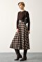 Women's Belt Piece Knitted Plaid Patterned Brown Dress - 2