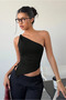 Women's Black One-Shoulder Blouse Asymmetrical Cut Stretch Fabric Cropped Stylish and Modern Design