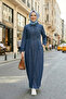 Women's Buttoned Long Dark Denim Blue Hijab Dress - 3