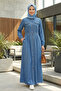 Women's Buttoned Long Light Denim Blue Hijab Dress - 2