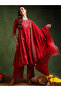Red Silk Blend Solid Embroidered A-Line Kurta Palazzo With Dupatta - 3