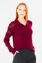 Women's Soft-Textured Rose Patterned Lace Knitted Polo Neck Knitwear Blouse 953 Claret Red - 2