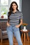 Women's Gray Striped Polo Neck Knitwear Short Sleeve Blouse
