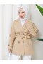 Women's Linen Beige Buttoned Trench Coat with Belt Detail - 5