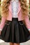 Girl's Diamond Stone Ruffled Shirt Pink Blazer Jacket Stone Detailed Leather Skirt Set - 6