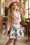 Girl's Square Collar Combed Cotton Blouse with Dragonfly Brooch Powder Jacket Rose Patterned Puffy Skirt Set