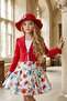 Girl's Square Collar Combed Cotton Blouse with Butterfly Brooch Red Jacket Rose Patterned Puffy Skirt Set