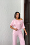 Women's Candy Pink Soft Bat Sleeve Blouse Drawstring Waist Wide Leg Two-Piece Set - 6