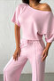 Women's Candy Pink Soft Bat Sleeve Blouse Drawstring Waist Wide Leg Two-Piece Set - 5