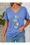 Women's Balık Printed V-Neck Sleeved Regular Fit T-Shirt