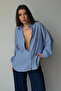 Women's Navy Blue Striped Oversized Relaxed Fit Long Sleeve Shirt - 2