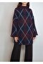 Women's Dark Burgundy Navy Blue B Diamond Patterned Stand-Up Collar Tunic Sweater Yy101311