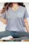 Women's Heart Printed V-Neck Sleeved Regular Fit T-Shirt