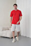 Men's Red Gray Cotton Piece Combed Cotton Short Sleeve Pocketed Shorts Set - 4