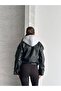 Women's Fleece Detailed Hooded Leather Jacket - 4