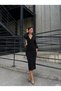    Women's Double Breasted Collar Balloon Sleeve Glittery Crepe Fabric Midi Dress - 4