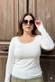 Women's Large Size Square Neck Lace Detailed Lightweight Spanish Long Sleeve S Slim Fit Knitted E Stretchy Blouse - 6