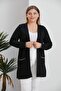 Women's Black Plus Size Stripe Detailed and Pocketed Plus Size Side Slit Stretchy Open Front Cardigan - 4