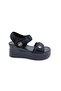 Wedge Sole Velcro Glittery Fabric Black Women's Stylish and Comfortable Sandals - 7