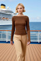 Women's Blouse Fitted Cropped Boat Neck Long Sleeve Striped Knitted Fabric Pointel Woven Design Sports