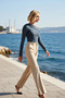 Women's Blouse Fitted Asymmetrical Collar Long Sleeve Corded Fabric Knitted Accessory Detail Cropped Cut Fitted to the Body - 3
