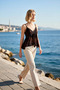 Women's Blouse V-Neck Thick Straps Sleeveless Tulle Fabric Flounce Detailed Floral Print Regular Fit Knitted - 3