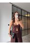 Satin Blouse with Thin Straps and Pants Set in Brown