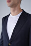 سترة رجالية مريحة باللون الأزرق الداكن منسوج Mono Collar Double شق 4 Drop صوف Blazer - 3
