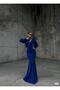 Cobalt Balloon Sleeve Plunging Neckline Glittery Long Evening Dress 583037