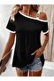 Women's Short Sleeve One Shoulder Open Strap Buckle Detail Viscose Blouse - 3