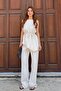 Women's Ecru Asymmetrical Cut Linen Textured Bottom - Top Set - 2