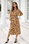 Women's Beige Cotton Satin Buttoned Patterned Long Sleeve Midi Length Premium Dress